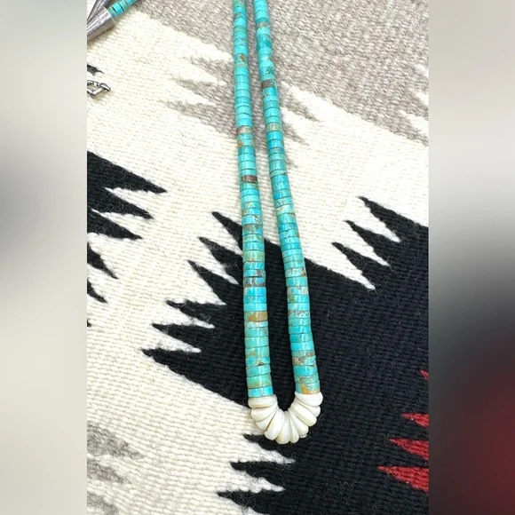 Native American Sterling Silver Natural Turquoise Heishi Bead Necklace - Picture 3 of 5
